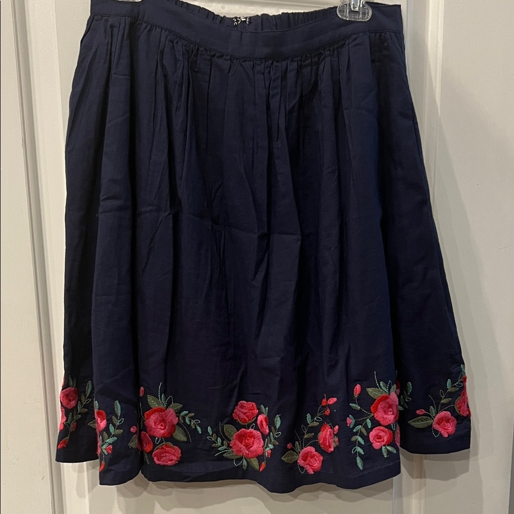 Modcloth Navy Skirt with Floral Rose Embroidery